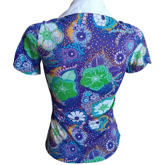 Small Vintage Women's Top 1960s Psychedelic Lace-Up Bodice Stretch Groovy Mod - Picture 7 of 8